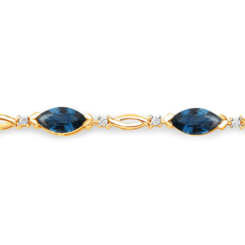 5.58 Carat Genuine Blue Sapphire and White Diamond 14K Yellow Gold Bracelet