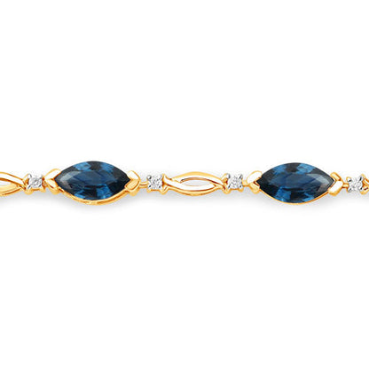 5.58 Carat Genuine Blue Sapphire and White Diamond 14K Yellow Gold Bracelet