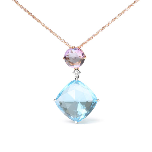 Pendentif et chaîne de 45 cm en or blanc et or rose 18 carats avec diamants ronds, améthyste rose De France ronde et topaze bleu ciel taille coussin (couleur G-H, pureté SI1-SI2)