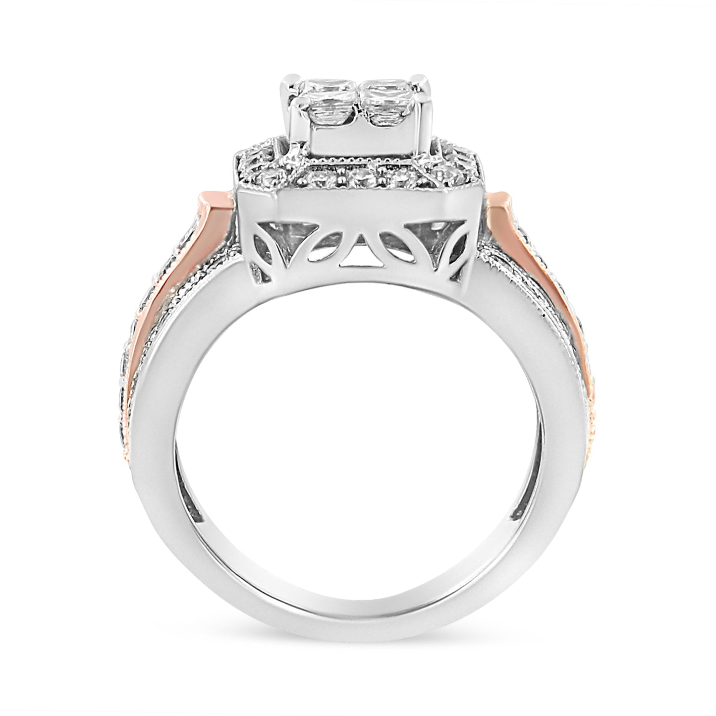 14K White and Rose Gold 1 1/8 Cttw Princess and Round-Cut Diamond Art Deco Style Triple Shank Halo Cocktail Ring (I-J Color, SI2-I1 Clarity) - Size 7