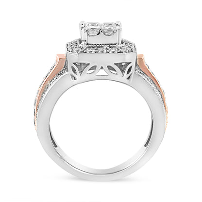 14K White and Rose Gold 1 1/8 Cttw Princess and Round-Cut Diamond Art Deco Style Triple Shank Halo Cocktail Ring (I-J Color, SI2-I1 Clarity) - Size 7