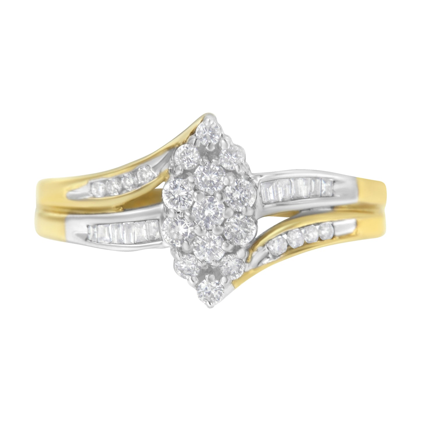 10K Yellow and White Gold 1/2 Cttw Diamond Marquise Shaped Cluster Split Shank Ring (H-I Color, SI2-I1 Clarity) - Size 7