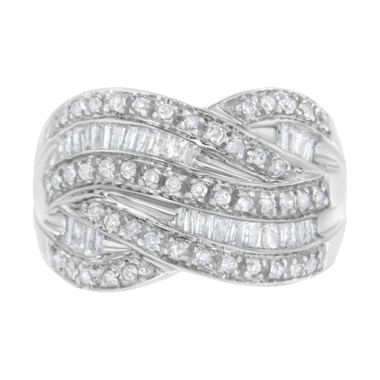 .925 Sterling Silver 1.0 Cttw Channel Set Alternating Round and Baguette Diamond Cross-over Bypass Ring Band (I-J Color, I2-I3 Clarity) - Size 7