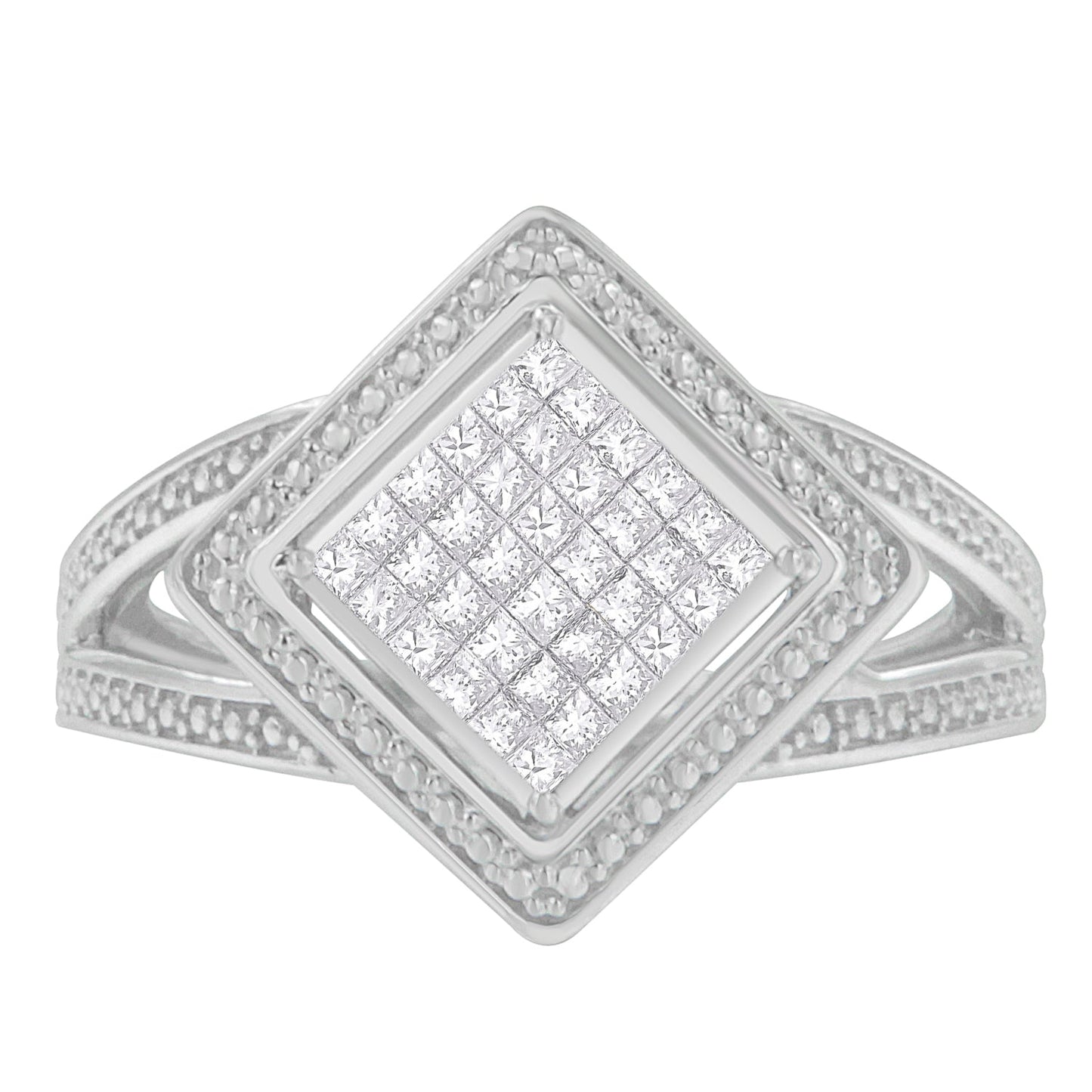 .925 Sterling Silver 1/3 Cttw Invisible Set Princess-Cut Diamond Rhombus and Beaded Halo Ring (H-I Color, SI1-SI2 Clarity) - Ring Size 7