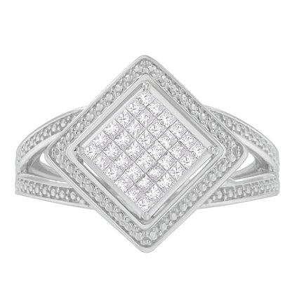 .925 Sterling Silver 1/3 Cttw Invisible Set Princess-Cut Diamond Rhombus and Beaded Halo Ring (H-I Color, SI1-SI2 Clarity) - Ring Size 7
