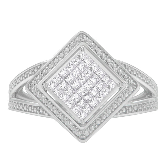 .925 Sterling Silver 1/3 Cttw Invisible Set Princess-Cut Diamond Rhombus and Beaded Halo Ring (H-I Color, SI1-SI2 Clarity) - Ring Size 7
