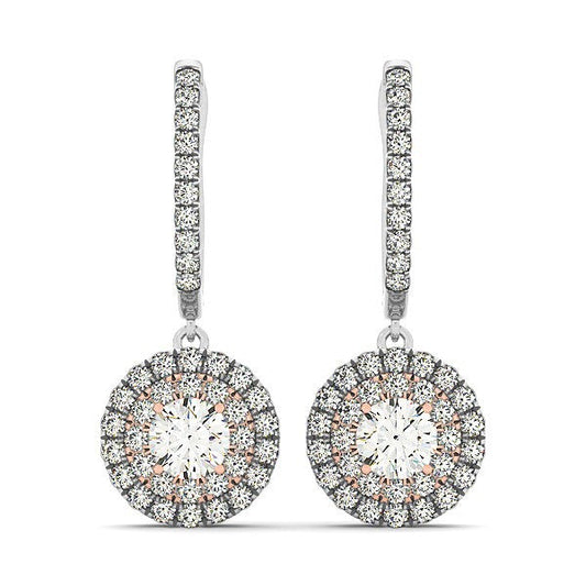 Boucles d'oreilles pendantes en or blanc et rose 14 carats avec diamants (0,75 carat au total) et design halo