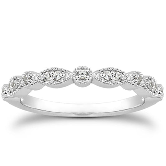 Bague de mariage fantaisie en or blanc 14 carats, pavée de diamants milgrain, style vintage