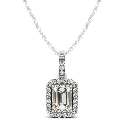 Halo Pendant With Emerald Center Diamond in 14k White Gold (1 1/5 cttw)