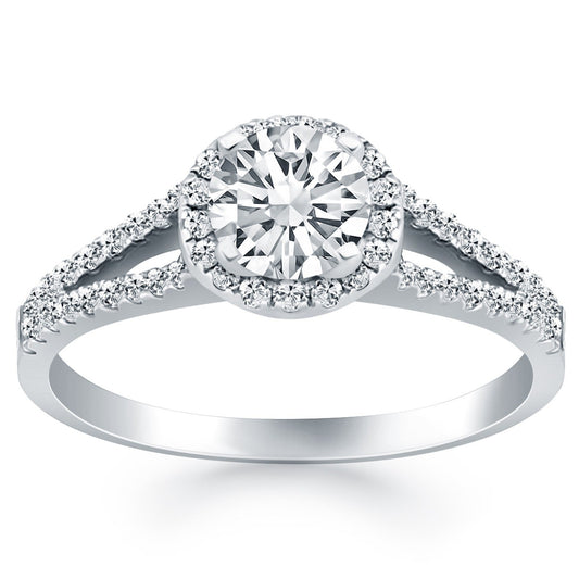 Bague de fiançailles avec diamant halo en or blanc 14 carats et jonc fendu