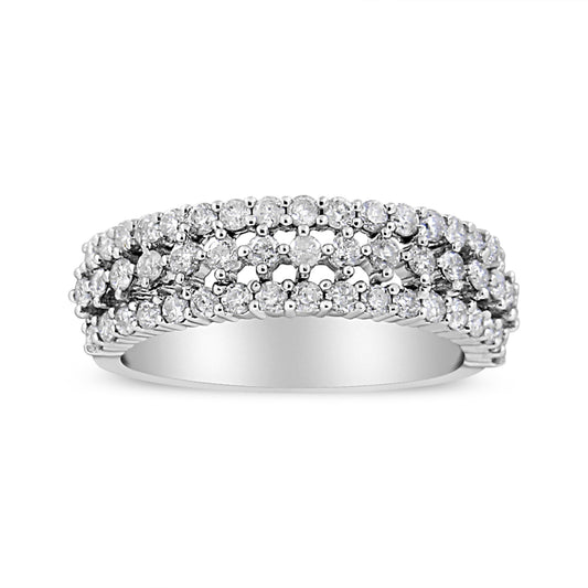 Bague en or blanc 14 carats avec diamants ronds sertis griffes de 1,0 carat au total, modèle à trois rangs et tige fendue (couleur H-I, pureté I2-I3) - Taille 6
