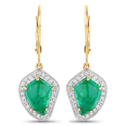 6.40 Carat Genuine Colombian Emerald and White Diamond 14K Yellow Gold Earrings