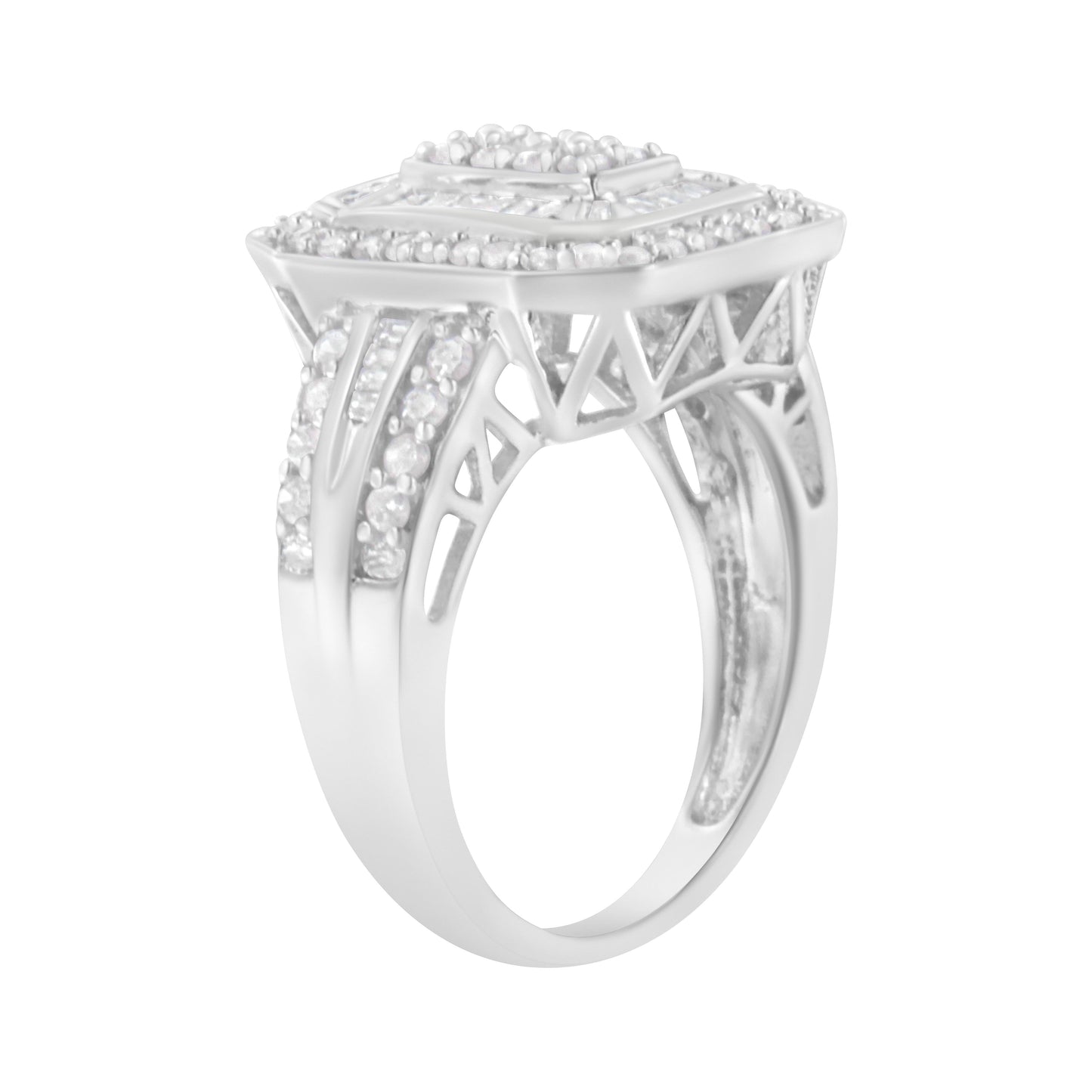 .925 Sterling Silver Round and Baguette Diamond Cathedral Ring (0.75 Cttw, H-I Color, I2-I3 Clarity) - Size 7