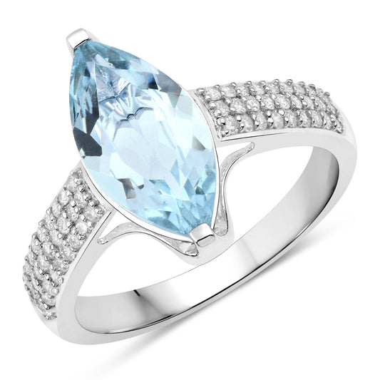 Bague en or blanc 14 carats avec aigue-marine véritable de 2,09 carats et diamants blancs