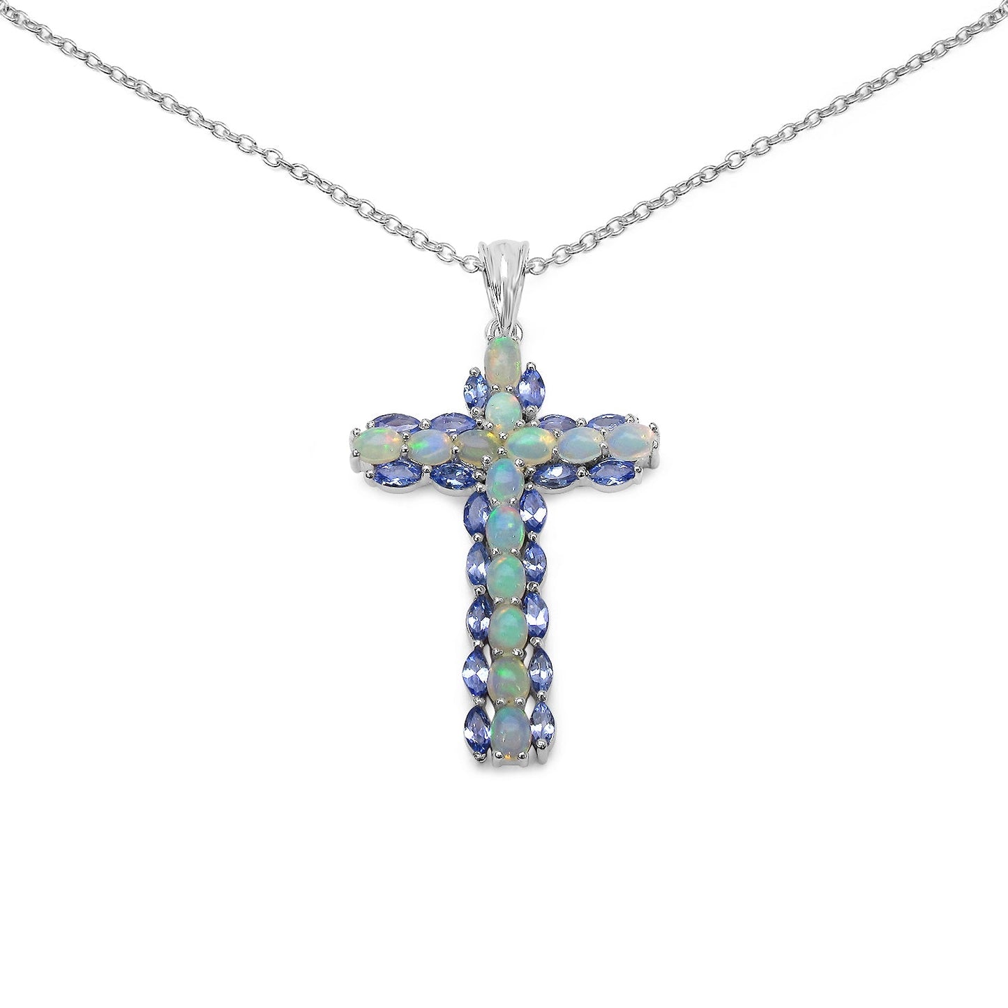 3.32 Carat Genuine Ethiopian Opal and Tanzanite .925 Sterling Silver Pendant