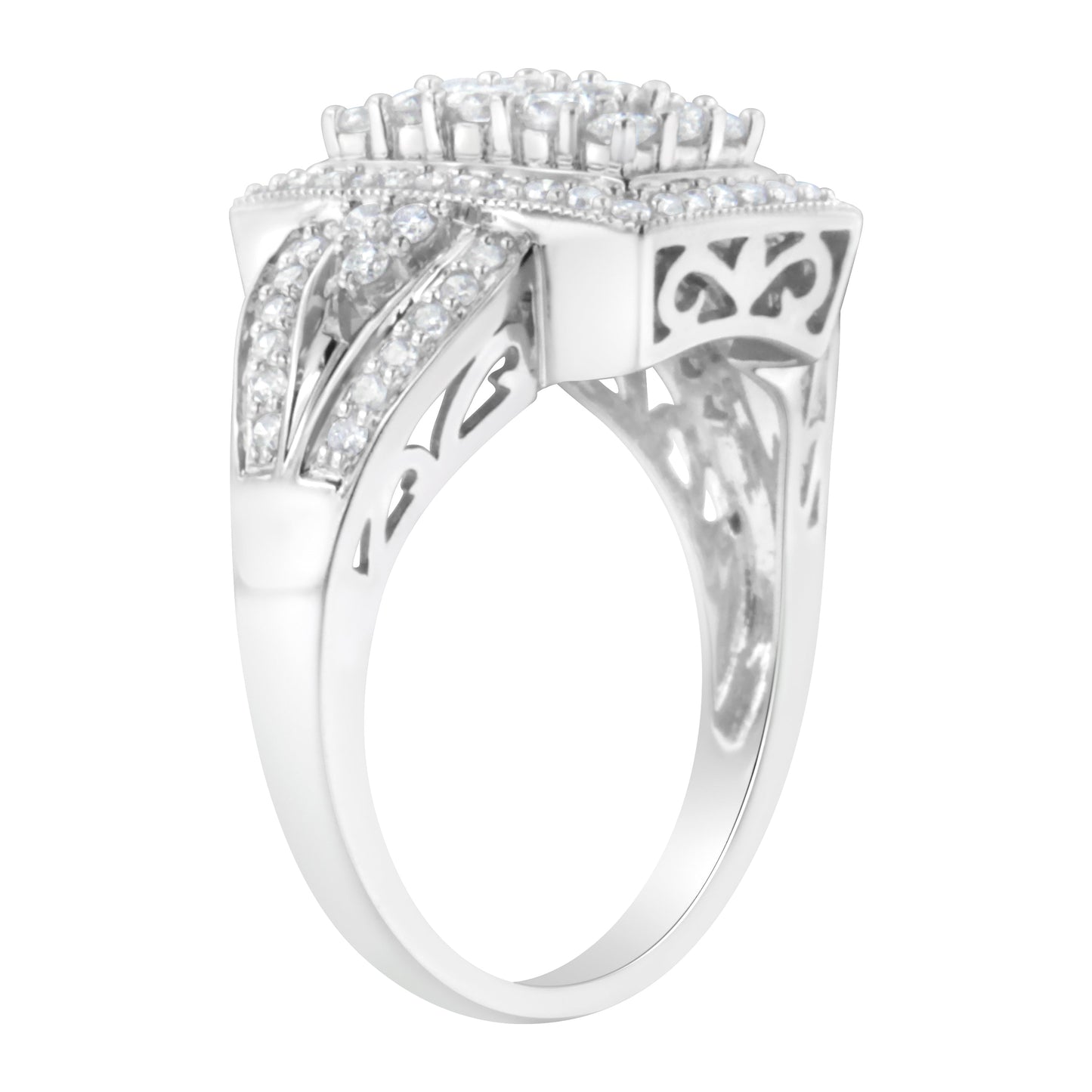 10K White Gold 1.0 Cttw Diamond Rectangular Cushion Shaped Cluster Halo Flared Band Cocktail Fashion Ring (H-I Color, SI2-I1 Clarity) - Size 7