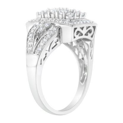10K White Gold 1.0 Cttw Diamond Rectangular Cushion Shaped Cluster Halo Flared Band Cocktail Fashion Ring (H-I Color, SI2-I1 Clarity) - Size 7