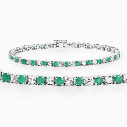 5.77 Carat Genuine Emerald and White Topaz .925 Sterling Silver Bracelet