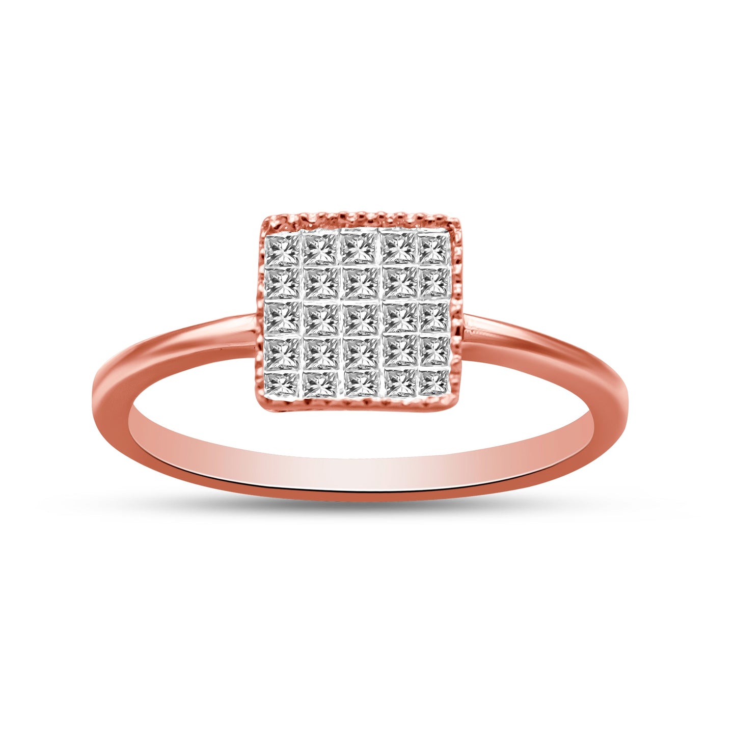 10K Rose Gold 1/3 Cttw Invisible Set Princess Cut Diamond Composite Square Shape Ring for Women (H-I color, I1-I2 clarity) - Size 7