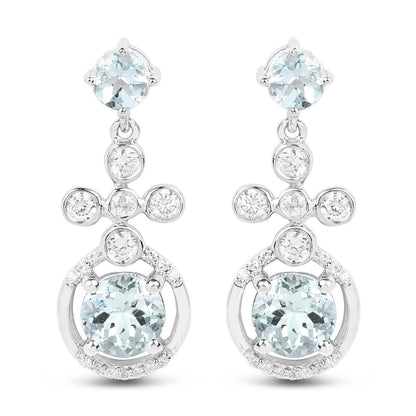 4.42 Carat Genuine Aquamarine and White Zircon .925 Sterling Silver Earrings