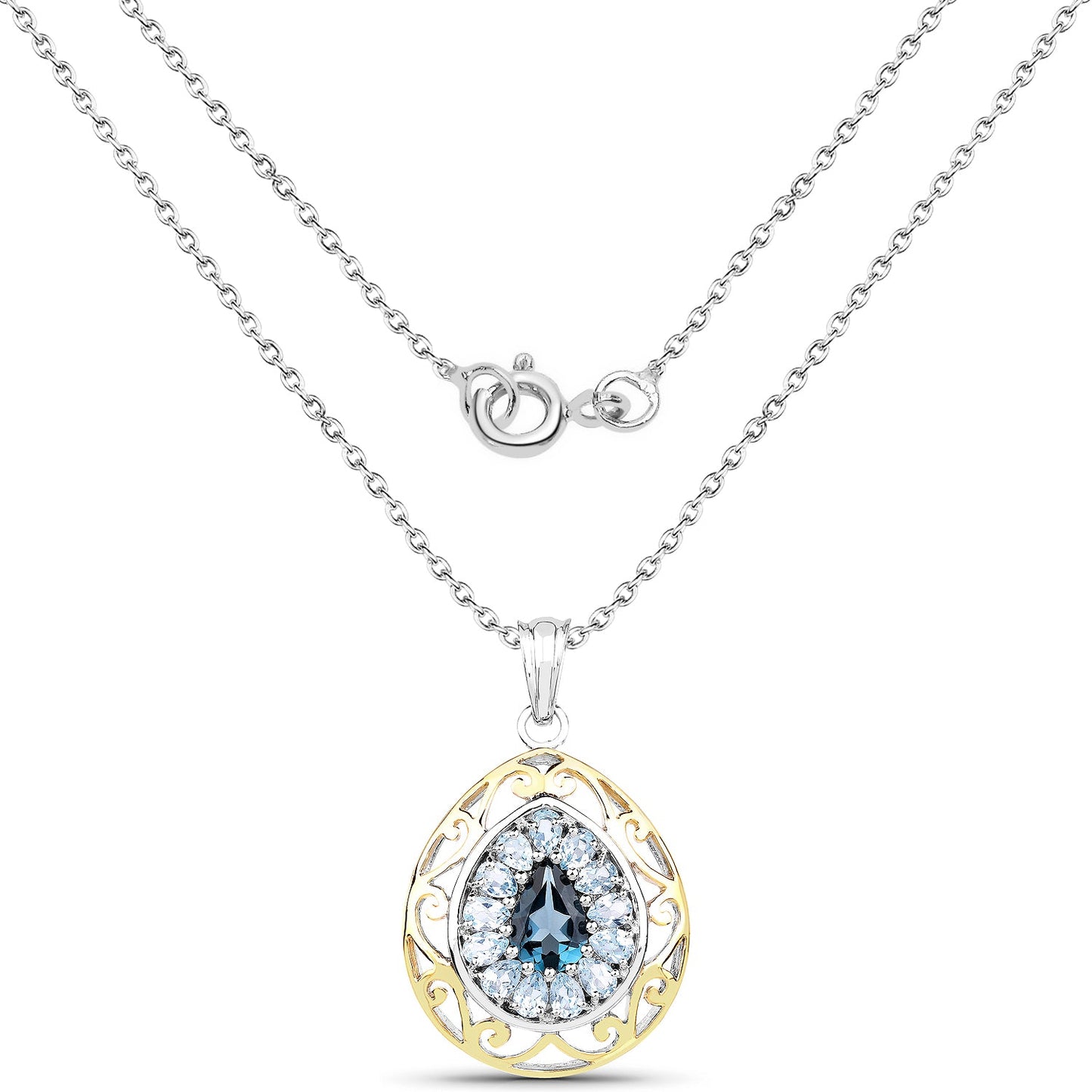18K Yellow Gold Plated 4.44 Carat Genuine London Blue Topaz and Blue Topaz .925 Sterling Silver Pendant