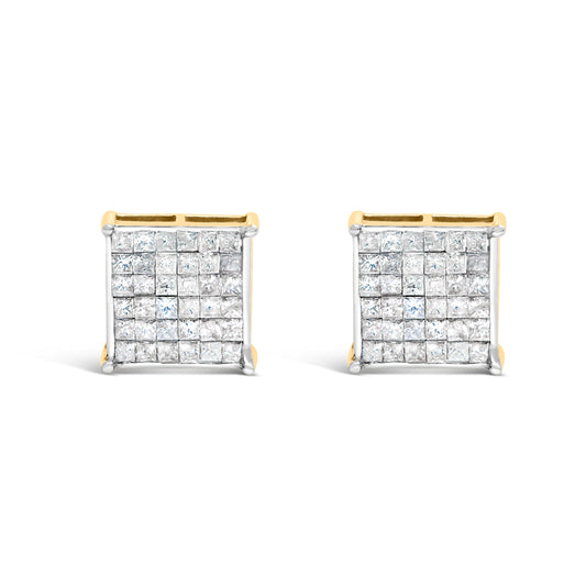 Boucles d'oreilles clous en or jaune 10K, diamants taille princesse sertis invisibles 2,0 carats