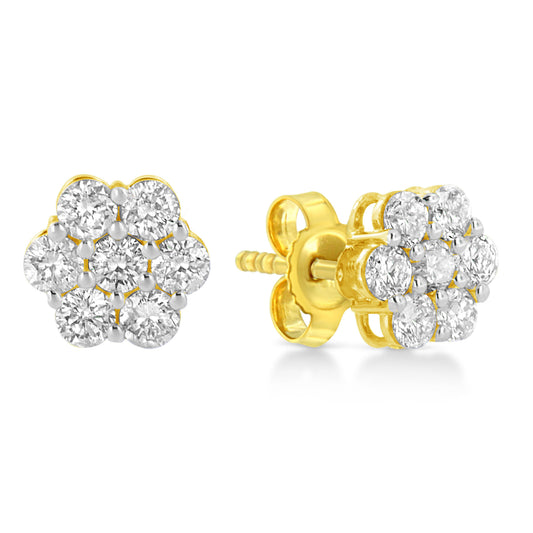 Clous d'oreilles en grappe florale de diamants taille brillant rond 0,5 carat total en or jaune 14 carats avec poussoirs (couleur J-K, pureté VS2-SI1)