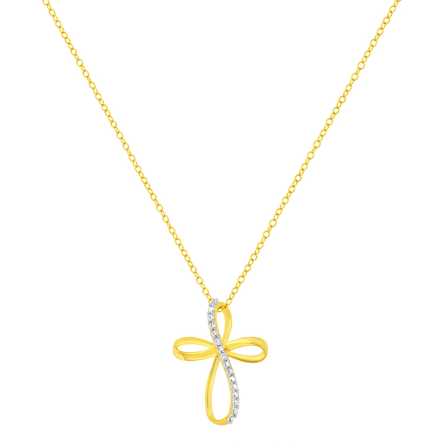 10K Yellow Gold Plated .925 Sterling Silver Diamond Accent Cross Ribbon 18" Pendant Necklace (I-J Color, I2-I3 Clarity)
