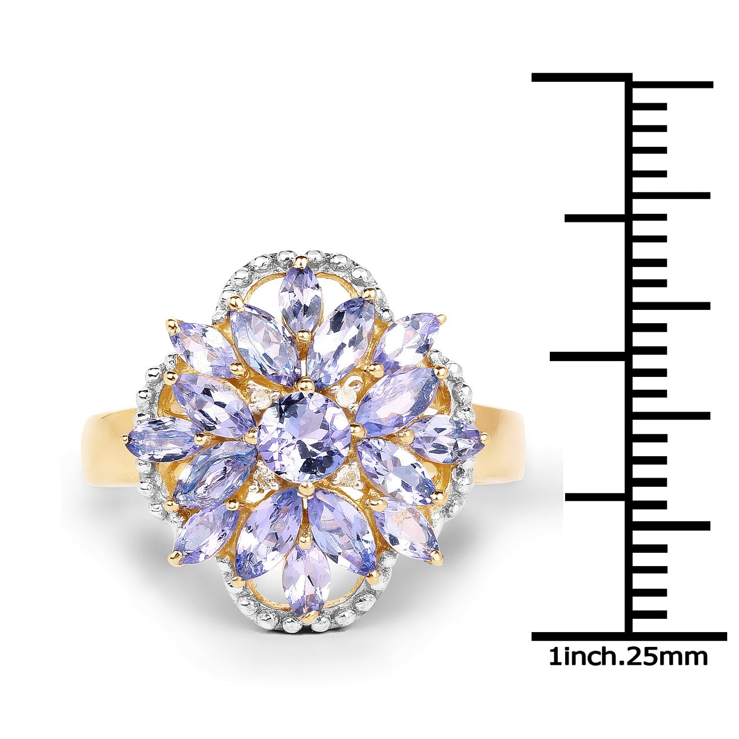 14K Yellow Gold Plated 2.01 Carat Genuine Tanzanite & White Topaz .925 Sterling Silver Ring