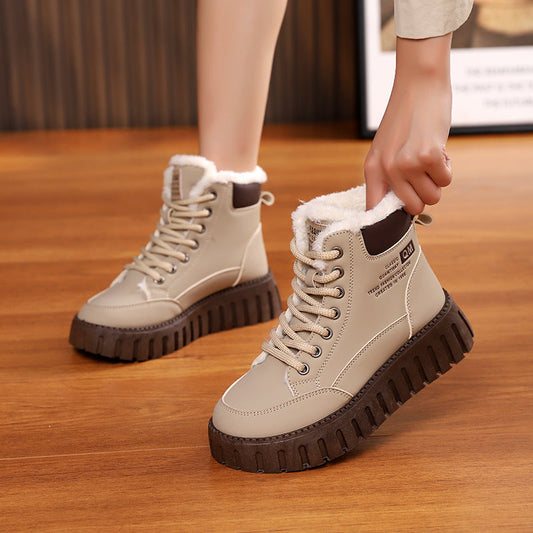 Botas de nieve con cordones estilo Ins, forro polar cálido para invierno, zapatos planos para mujer, botines de felpa informales a la moda