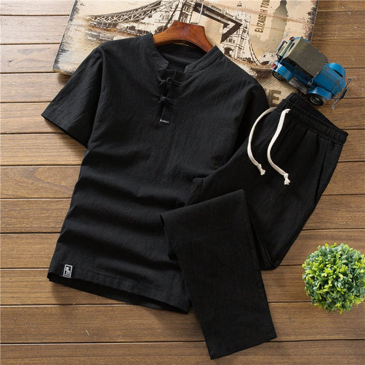 Camiseta de lino de manga corta estilo chino para verano