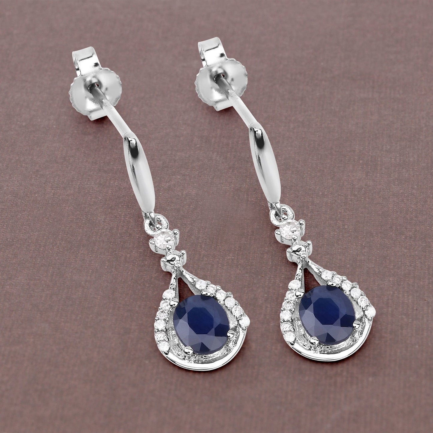 0.86 Carat Genuine Blue Sapphire and White Diamond 14K White Gold Earrings