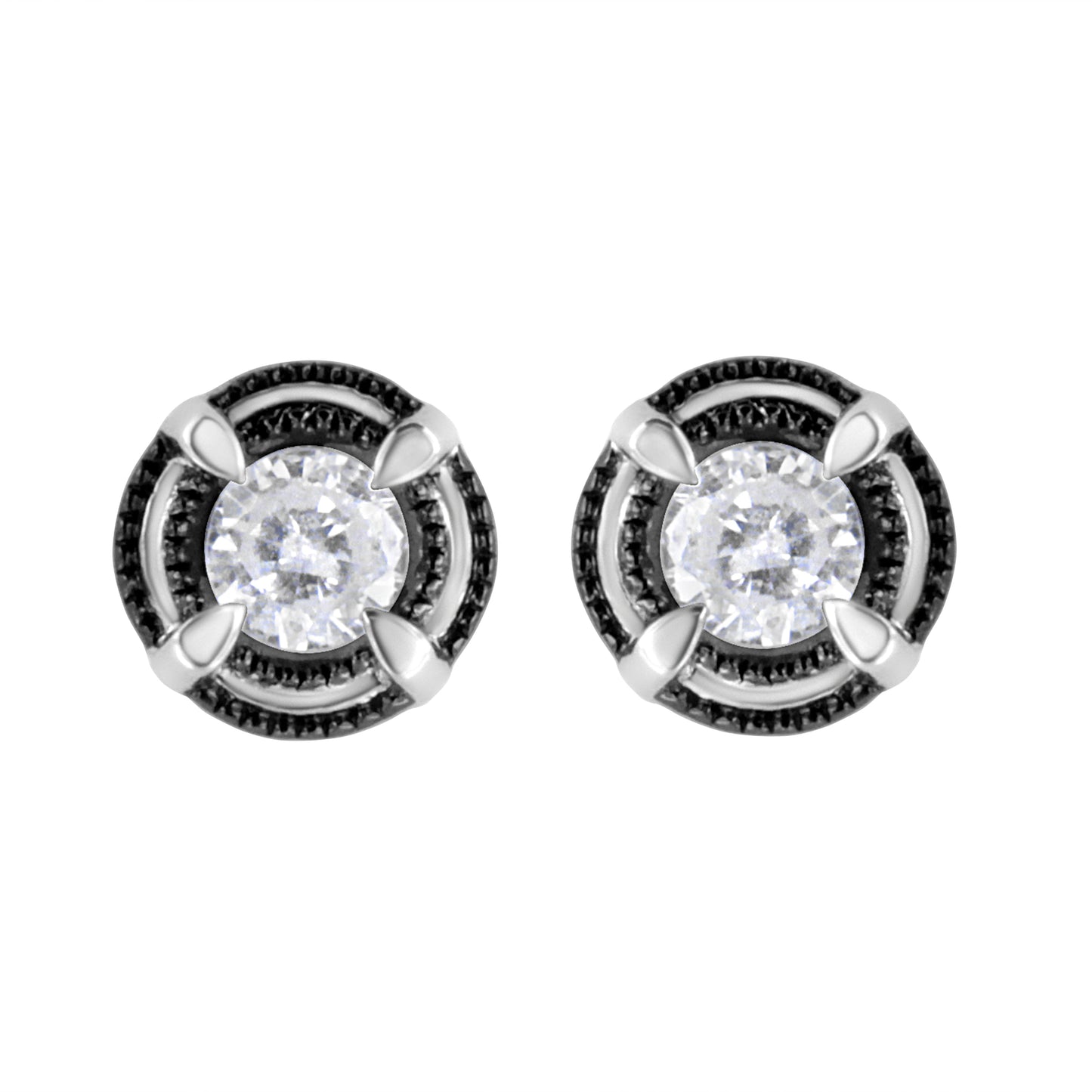 Black Rhodium Plated .925 Sterling Silver Round 1-1/2 cttw Diamond Double Halo 4-Prong Solitaire Milgrain Stud Earrings (H-I Color, I2-I3 Clarity)