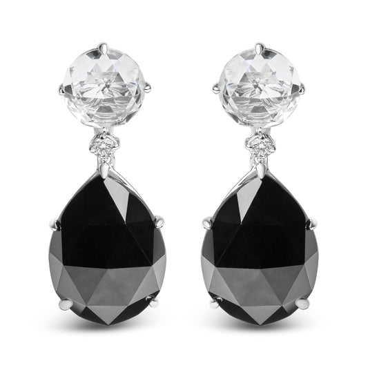 Boucles d'oreilles pendantes en or blanc 18 carats, diamant 1/5 carat, topaze blanche ronde et onyx noir taille poire 20x15mm (couleur G-H, pureté SI1-SI2)