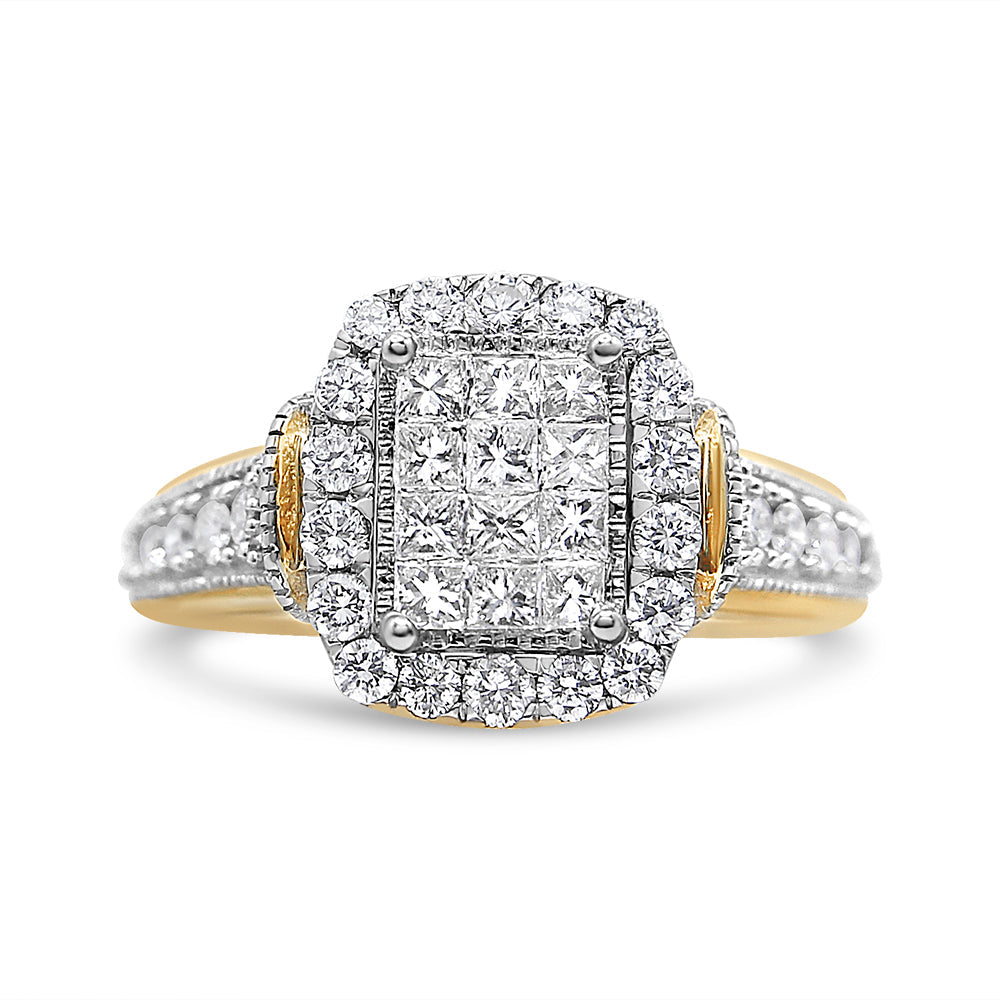 14K Yellow and White Gold 1.00 Cttw Princess and Round Cut Emerald Shaped Halo Diamond Cluster Ring (SI1-SI2 Clarity, H-I Color) - Size 7
