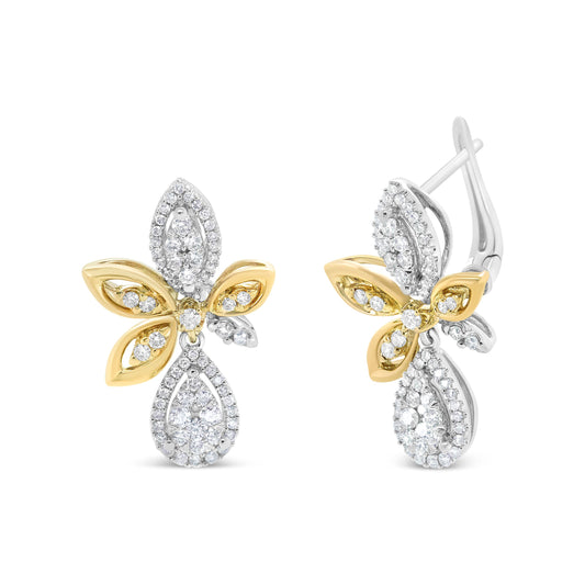Boucles d'oreilles pendantes en forme de goutte et marquise en or blanc et jaune 14 carats, diamants ronds pavés de 1,00 carat (couleur H-I, pureté SI1-SI2)