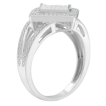 .925 Sterling Silver 1/3 Cttw Invisible Set Princess-Cut Diamond Rhombus and Beaded Halo Ring (H-I Color, SI1-SI2 Clarity) - Ring Size 7