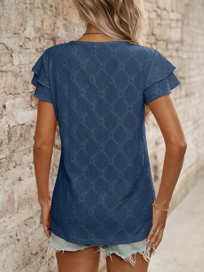 Eyelet Round Neck Double Layered Ruffled Short Sleeve Top