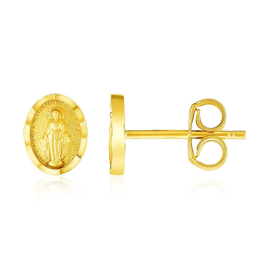 Boucles d'oreilles clous ovales religieuses en or jaune 14 carats