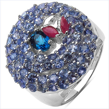 3.31 Carat Genuine London Blue Topaz , Ruby & Tanzanite .925 Sterling Silver Ring
