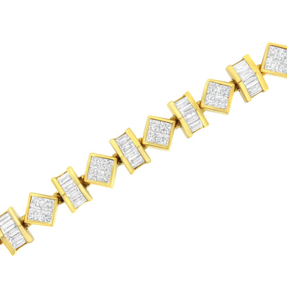 14K Yellow Gold 7.50 Cttw Princess and Baguette Diamond Geometric Link Bracelet