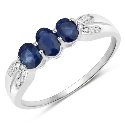 0.73 Carat Genuine Blue Sapphire and White Diamond 14K White Gold Ring