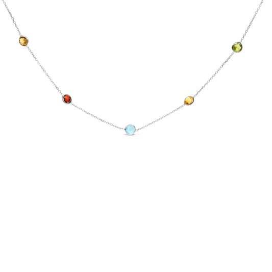 Collier réglable 18-24" en or blanc 14K, serti clos, 7 stations de pierres précieuses mélangées