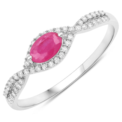 0.40 Carat Genuine Ruby and White Diamond 14K White Gold Ring