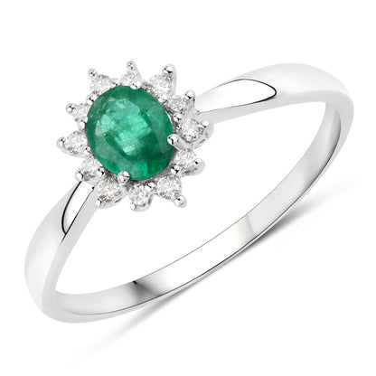 0.40 Carat Genuine Zambian Emerald and White Diamond 14K White Gold Ring