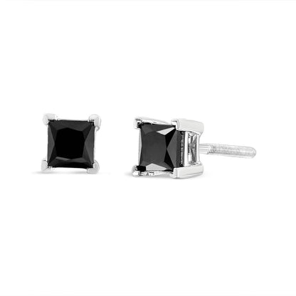 .925 Sterling Silver 4.00 Cttw Princess-Cut Square Black Diamond Classic 4-Prong Stud Earrings with Screw Backs