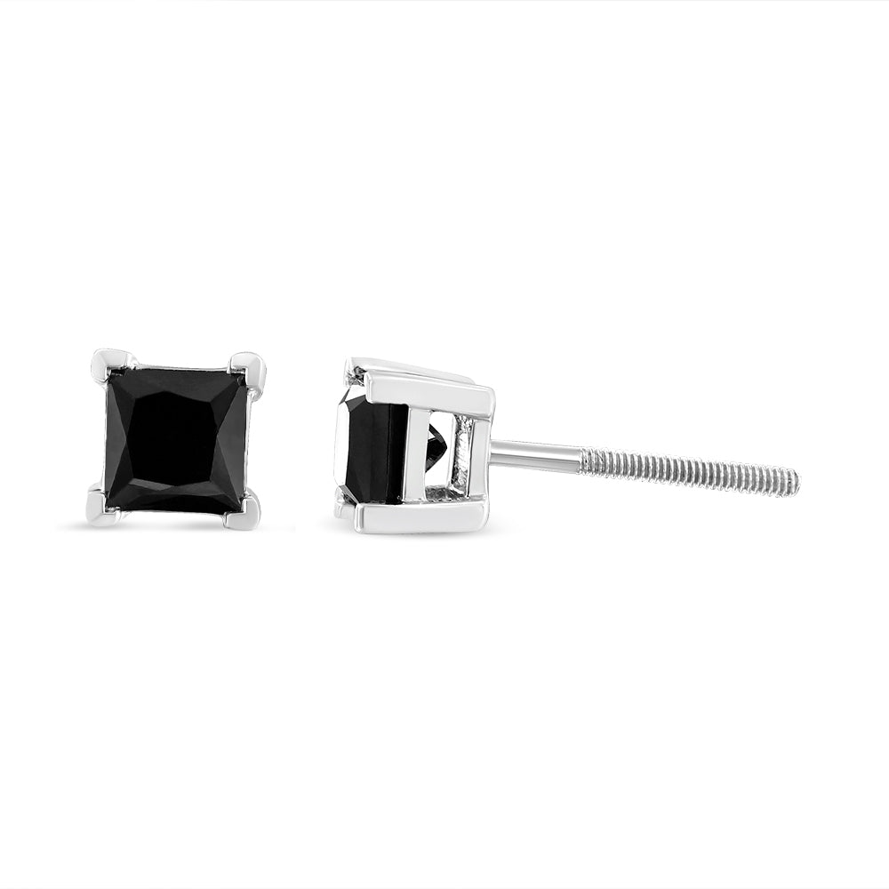 .925 Sterling Silver 4.00 Cttw Princess-Cut Square Black Diamond Classic 4-Prong Stud Earrings with Screw Backs
