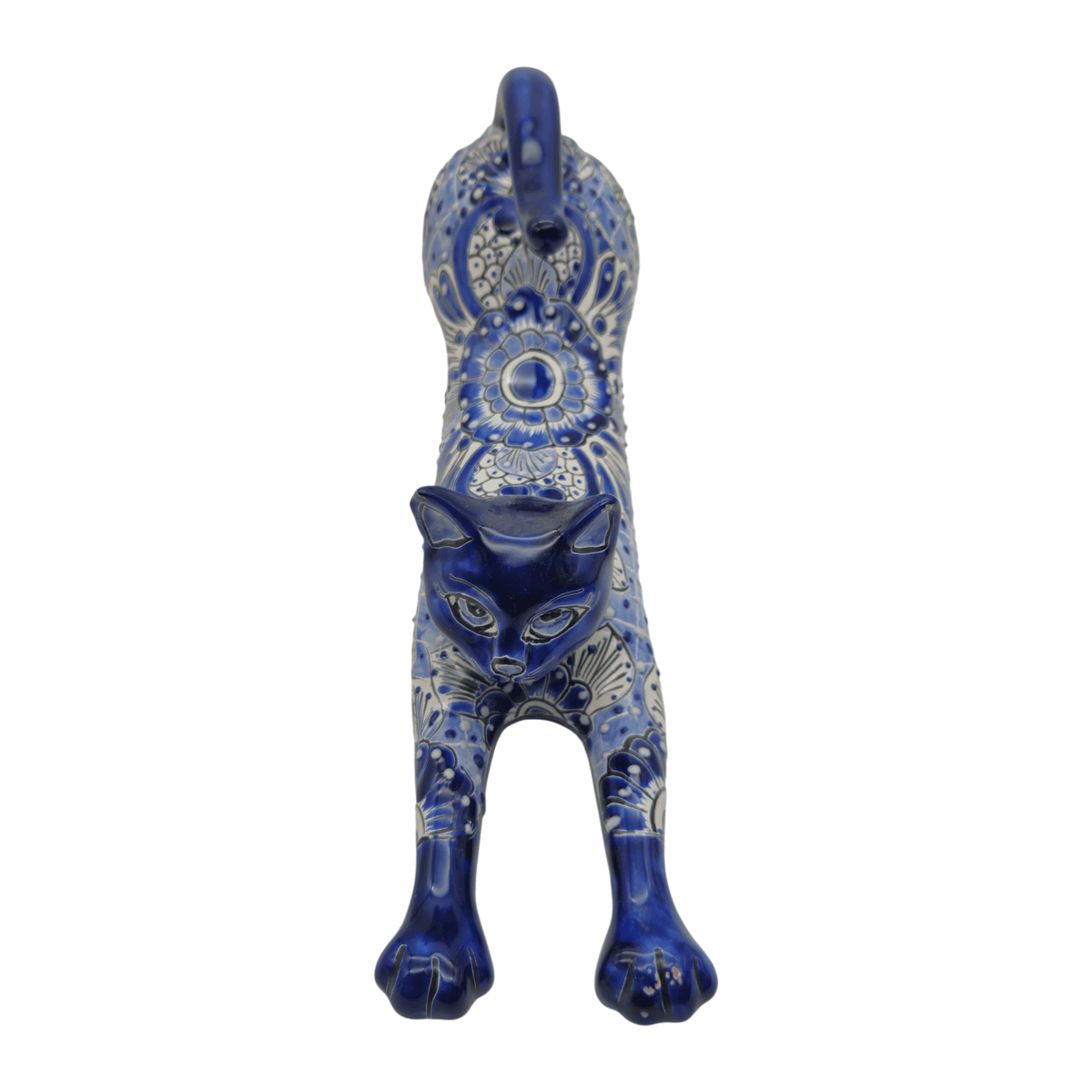 Talavera Stretching Cat Statue | Blue & White Floral Design