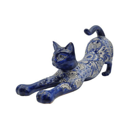 Talavera Stretching Cat Statue | Blue & White Floral Design