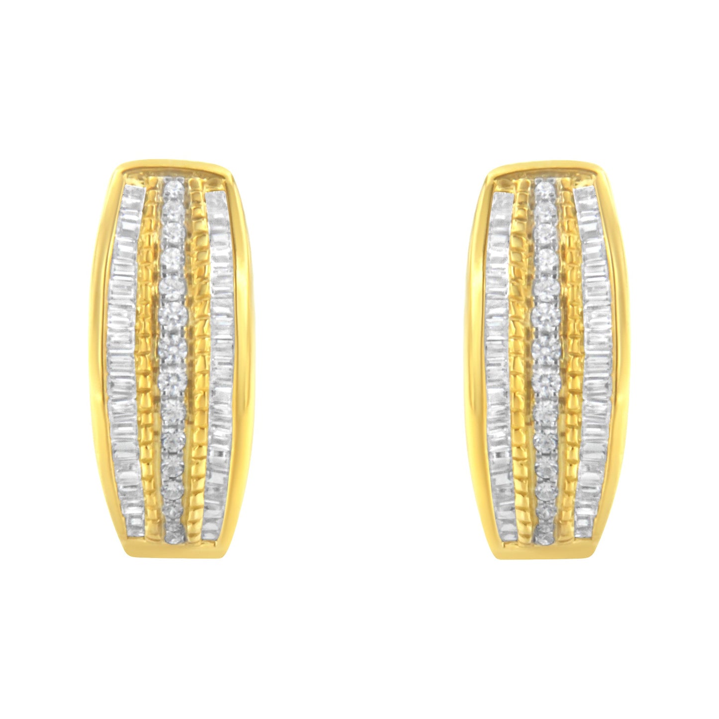 10K Yellow Gold 3/4 Cttw Pave and Channel Set Diamond Triple Row Modern Hoop Earrings (I-J Color, I2-I3 Clarity)